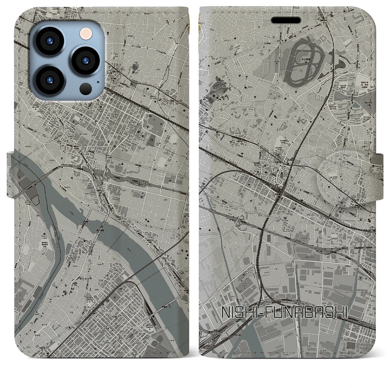 【西船橋】地図柄iPhoneケース（手帳両面タイプ・モノトーン）iPhone 13 Pro Max 用