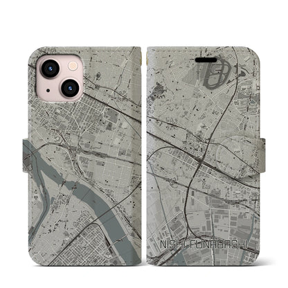 【西船橋（千葉県）】地図柄iPhoneケース（手帳タイプ）モノトーン・iPhone 13 mini 用