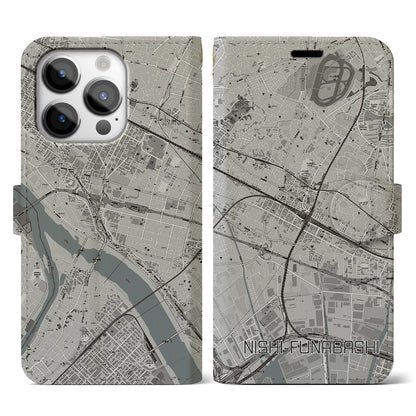 【西船橋（千葉県）】地図柄iPhoneケース（手帳タイプ）モノトーン・iPhone 14 Pro 用