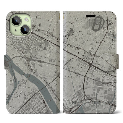 【西船橋（千葉県）】地図柄iPhoneケース（手帳タイプ）モノトーン・iPhone 15 用