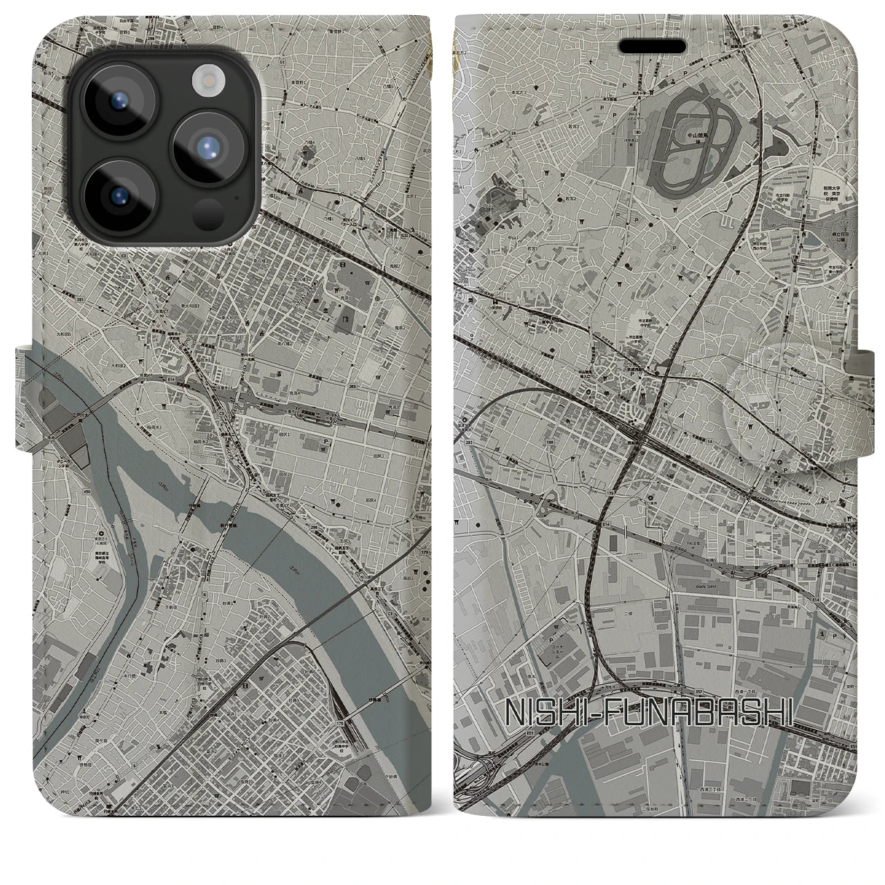 【西船橋】地図柄iPhoneケース（手帳両面タイプ・モノトーン）iPhone 15 Pro Max 用
