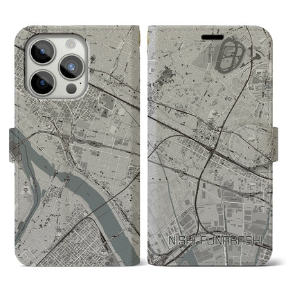 【西船橋（千葉県）】地図柄iPhoneケース（手帳タイプ）モノトーン・iPhone 15 Pro 用