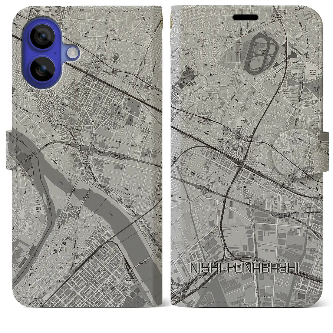 【西船橋(千葉県)】地図柄iPhoneケース(手帳タイプ)モノトーン・iPhone 16 Pro Max 用