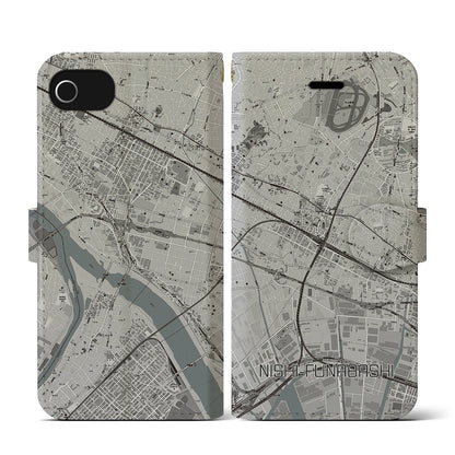 【西船橋（千葉県）】地図柄iPhoneケース（手帳タイプ）モノトーン・iPhone SE（第3 / 第2世代） / 8 / 7 / 6s / 6 用