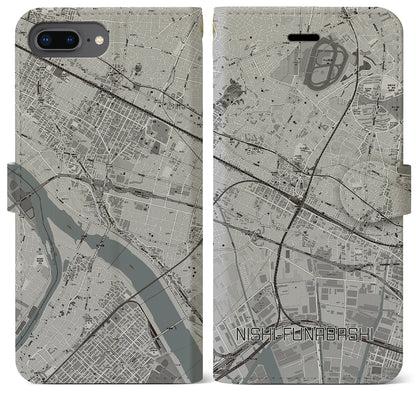 【西船橋（千葉県）】地図柄iPhoneケース（手帳タイプ）モノトーン・iPhone 8Plus /7Plus / 6sPlus / 6Plus 用