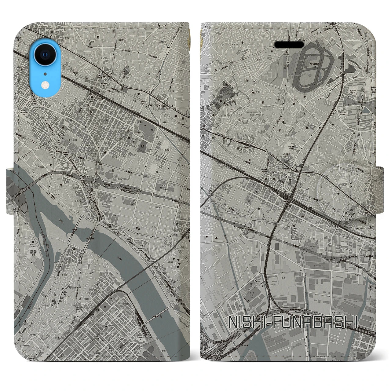 【西船橋】地図柄iPhoneケース（手帳両面タイプ・モノトーン）iPhone XR 用