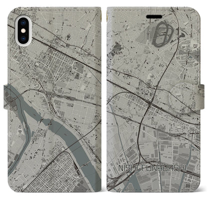 【西船橋（千葉県）】地図柄iPhoneケース（手帳タイプ）モノトーン・iPhone XS Max 用