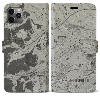 【西八王子（東京都）】地図柄iPhoneケース（手帳タイプ）モノトーン・iPhone 11 Pro Max 用