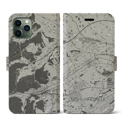 【西八王子（東京都）】地図柄iPhoneケース（手帳タイプ）モノトーン・iPhone 11 Pro 用