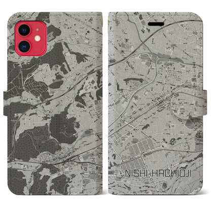 【西八王子（東京都）】地図柄iPhoneケース（手帳タイプ）モノトーン・iPhone 11 用