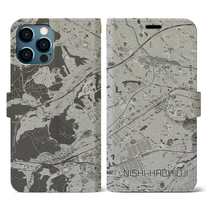 【西八王子（東京都）】地図柄iPhoneケース（手帳タイプ）モノトーン・iPhone 12 / 12 Pro 用