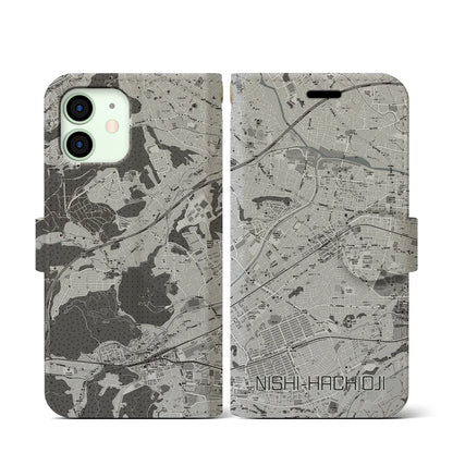 【西八王子（東京都）】地図柄iPhoneケース（手帳タイプ）モノトーン・iPhone 12 mini 用