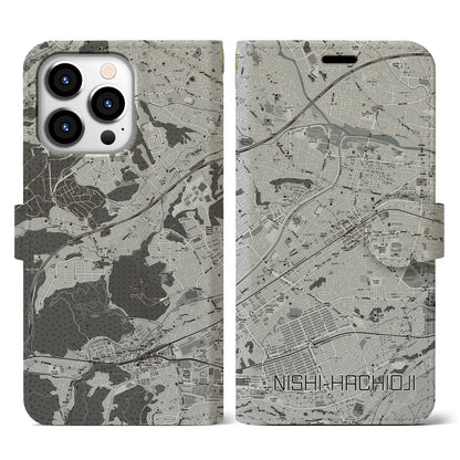 【西八王子（東京都）】地図柄iPhoneケース（手帳タイプ）モノトーン・iPhone 13 Pro 用