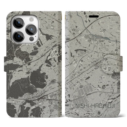 【西八王子（東京都）】地図柄iPhoneケース（手帳タイプ）モノトーン・iPhone 14 Pro 用