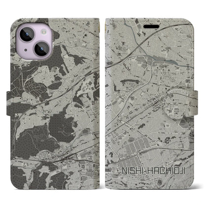 【西八王子（東京都）】地図柄iPhoneケース（手帳タイプ）モノトーン・iPhone 14 用