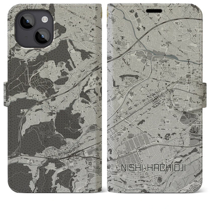 【西八王子（東京都）】地図柄iPhoneケース（手帳タイプ）モノトーン・iPhone 14 Plus 用