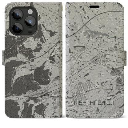 【西八王子（東京都）】地図柄iPhoneケース（手帳タイプ）モノトーン・iPhone 15 Pro Max 用