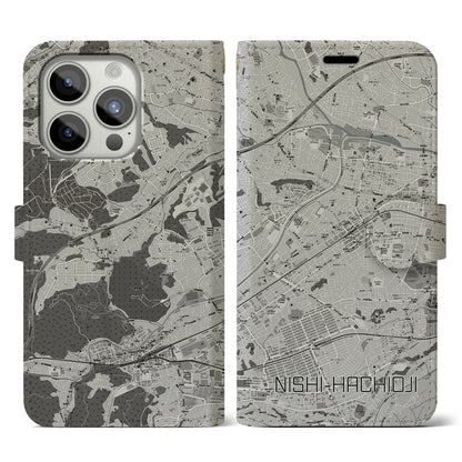 【西八王子（東京都）】地図柄iPhoneケース（手帳タイプ）モノトーン・iPhone 15 Pro 用