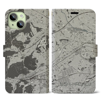 【西八王子（東京都）】地図柄iPhoneケース（手帳タイプ）モノトーン・iPhone 15 用