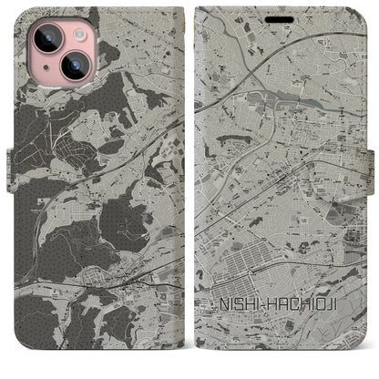 【西八王子（東京都）】地図柄iPhoneケース（手帳タイプ）モノトーン・iPhone 15 Plus 用