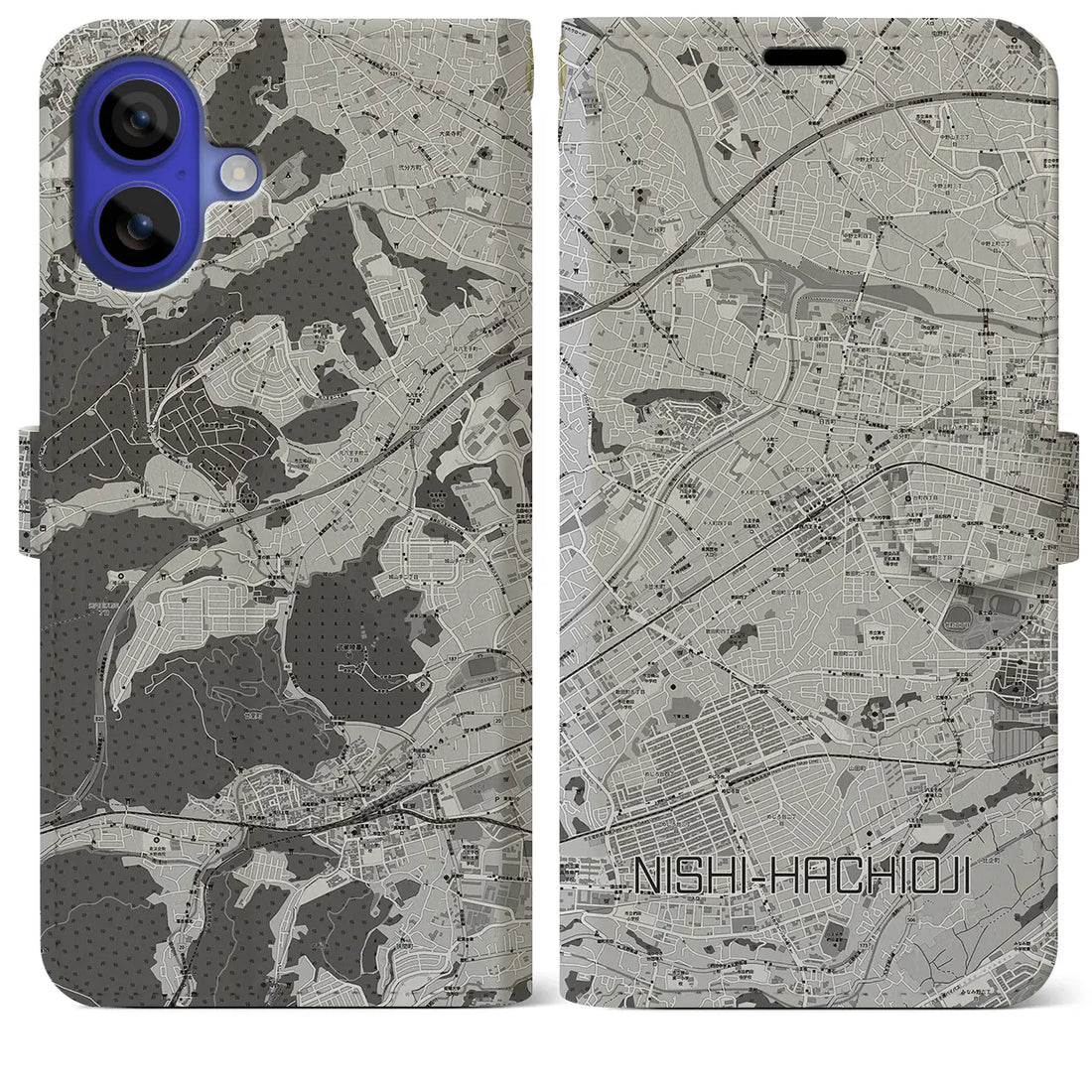 【西八王子(東京都)】地図柄iPhoneケース(手帳タイプ)モノトーン・iPhone 16 Pro Max 用