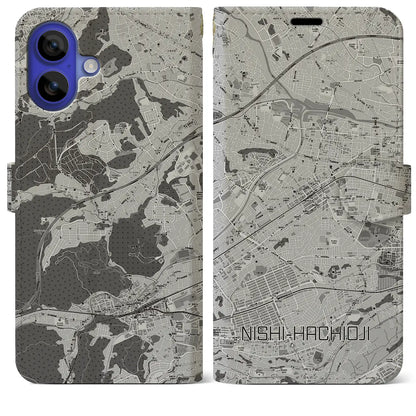 【西八王子（東京都）】地図柄iPhoneケース（手帳タイプ）モノトーン・iPhone 16 Pro Max 用