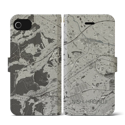 【西八王子（東京都）】地図柄iPhoneケース（手帳タイプ）モノトーン・iPhone SE（第3 / 第2世代） / 8 / 7 / 6s / 6 用