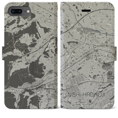 【西八王子（東京都）】地図柄iPhoneケース（手帳タイプ）モノトーン・iPhone 8Plus /7Plus / 6sPlus / 6Plus 用