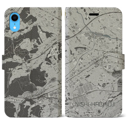 【西八王子（東京都）】地図柄iPhoneケース（手帳タイプ）モノトーン・iPhone XR 用