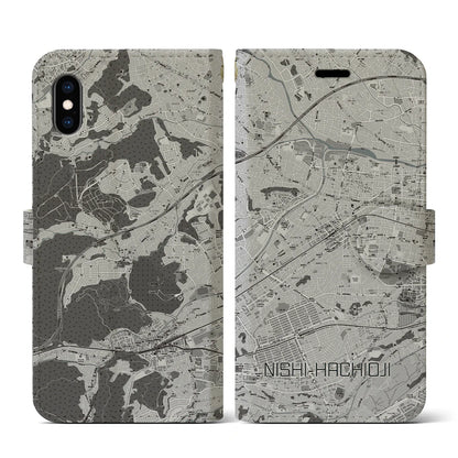 【西八王子（東京都）】地図柄iPhoneケース（手帳タイプ）モノトーン・iPhone XS / X 用