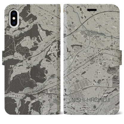 【西八王子（東京都）】地図柄iPhoneケース（手帳タイプ）モノトーン・iPhone XS Max 用