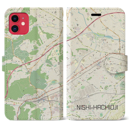 【西八王子（東京都）】地図柄iPhoneケース（手帳タイプ）ナチュラル・iPhone 11 用