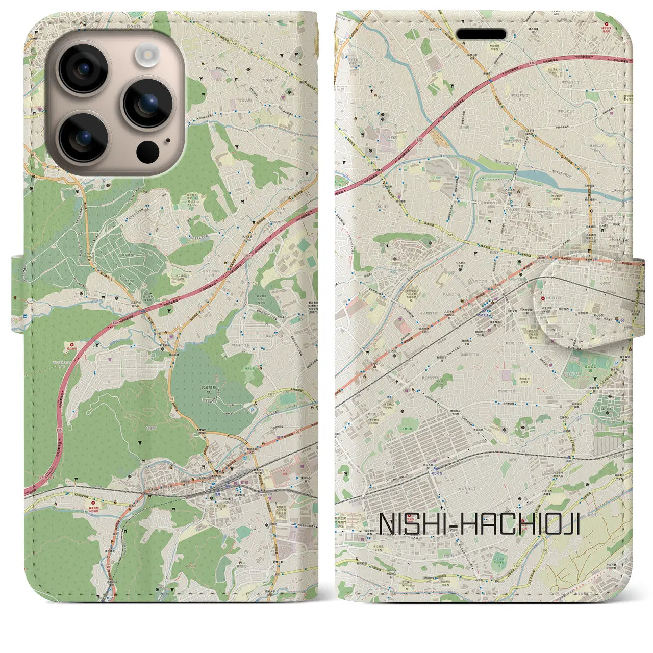 【西八王子（東京都）】地図柄iPhoneケース（手帳タイプ）ナチュラル・iPhone 16 Plus 用