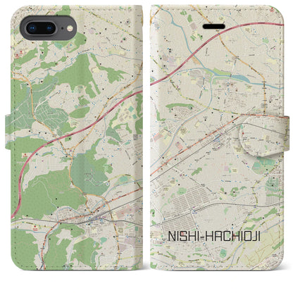 【西八王子（東京都）】地図柄iPhoneケース（手帳タイプ）ナチュラル・iPhone 8Plus /7Plus / 6sPlus / 6Plus 用