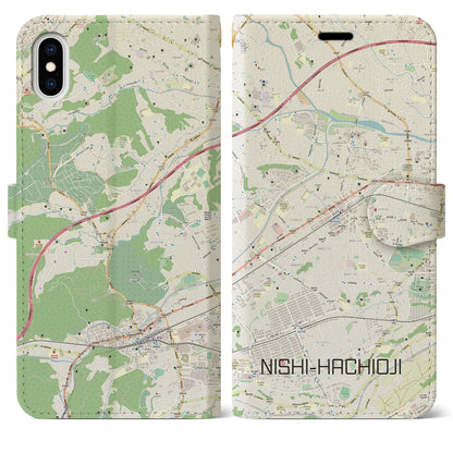 【西八王子（東京都）】地図柄iPhoneケース（手帳タイプ）ナチュラル・iPhone XS Max 用