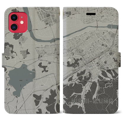 【西出雲（島根県）】地図柄iPhoneケース（手帳タイプ）モノトーン・iPhone 11 用