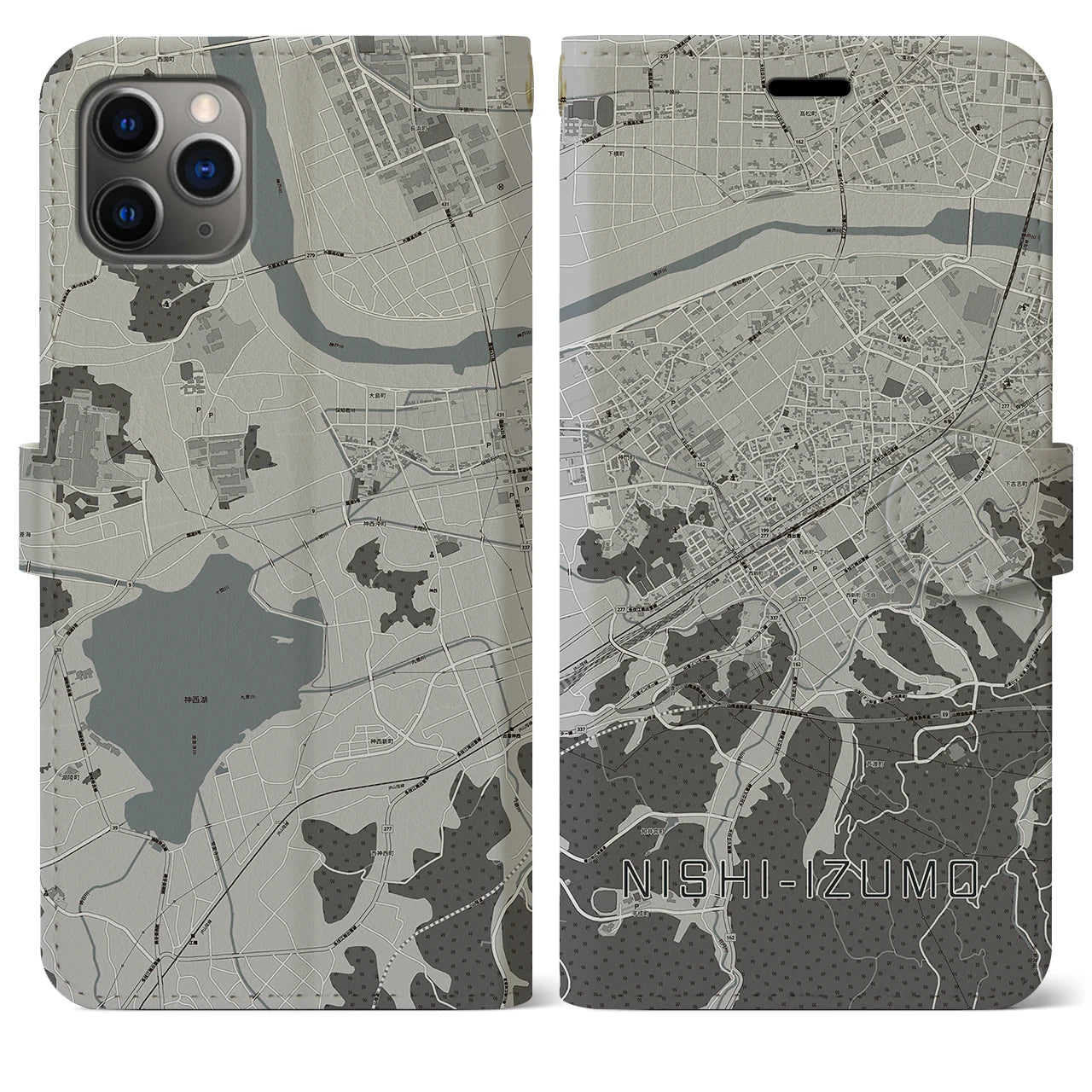 【西出雲】地図柄iPhoneケース（手帳両面タイプ・モノトーン）iPhone 11 Pro Max 用