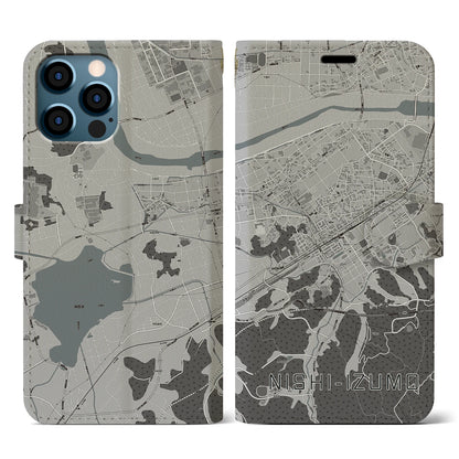 【西出雲（島根県）】地図柄iPhoneケース（手帳タイプ）モノトーン・iPhone 12 / 12 Pro 用