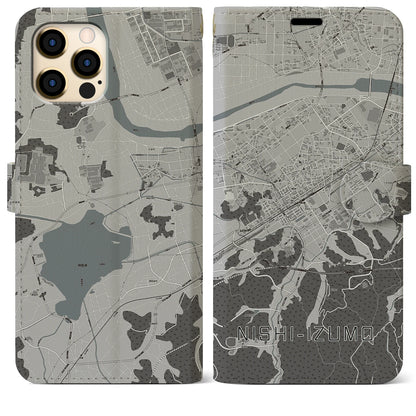 【西出雲（島根県）】地図柄iPhoneケース（手帳タイプ）モノトーン・iPhone 12 Pro Max 用