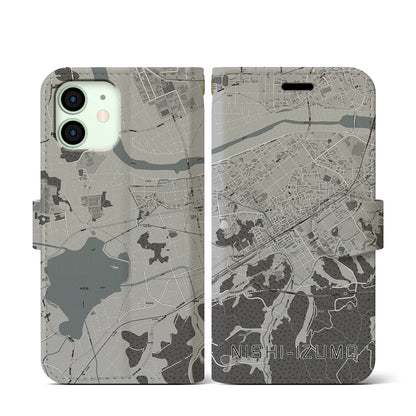 【西出雲（島根県）】地図柄iPhoneケース（手帳タイプ）モノトーン・iPhone 12 mini 用