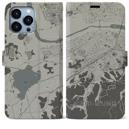 【西出雲（島根県）】地図柄iPhoneケース（手帳タイプ）モノトーン・iPhone 13 Pro Max 用