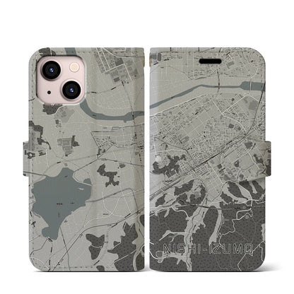 【西出雲（島根県）】地図柄iPhoneケース（手帳タイプ）モノトーン・iPhone 13 mini 用