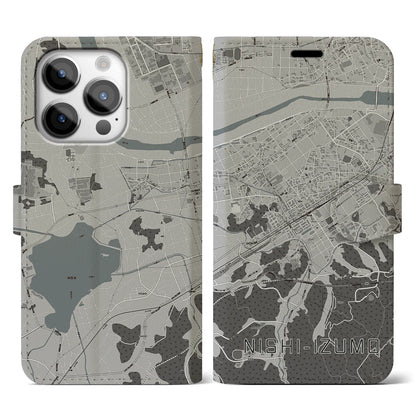 【西出雲（島根県）】地図柄iPhoneケース（手帳タイプ）モノトーン・iPhone 14 Pro 用