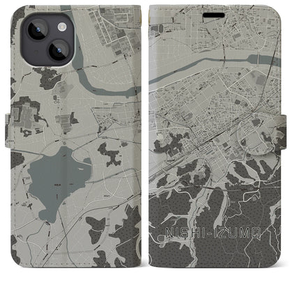 【西出雲（島根県）】地図柄iPhoneケース（手帳タイプ）モノトーン・iPhone 14 Plus 用