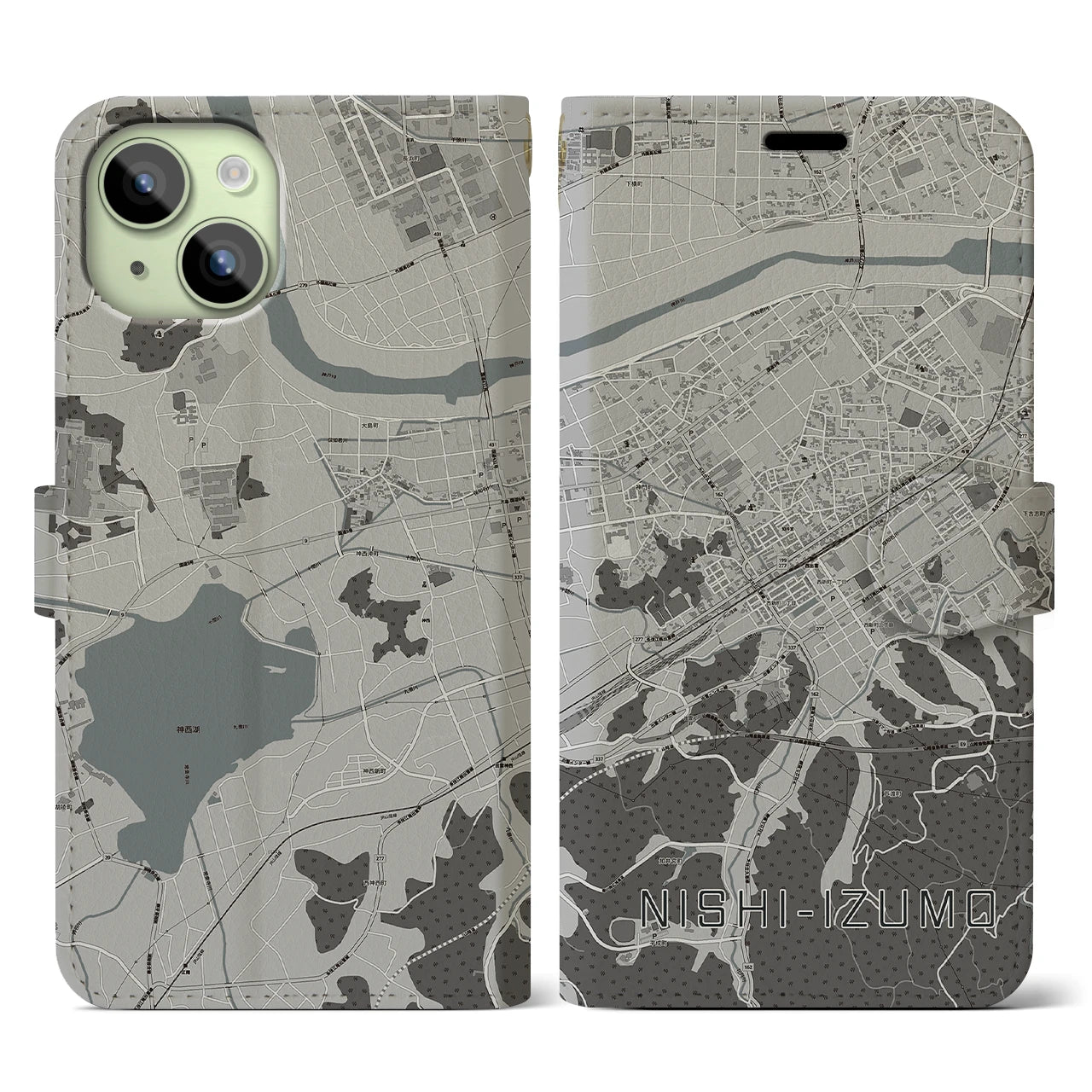 【西出雲】地図柄iPhoneケース（手帳両面タイプ・モノトーン）iPhone 15 用