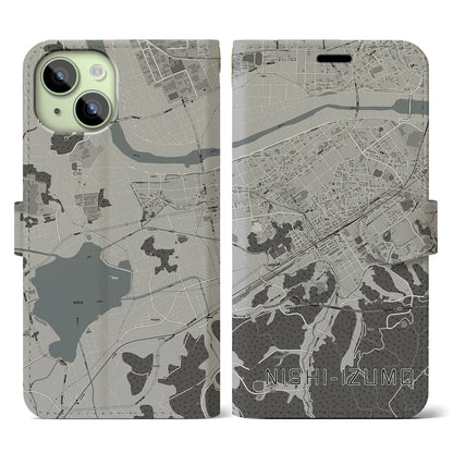 【西出雲（島根県）】地図柄iPhoneケース（手帳タイプ）モノトーン・iPhone 15 用