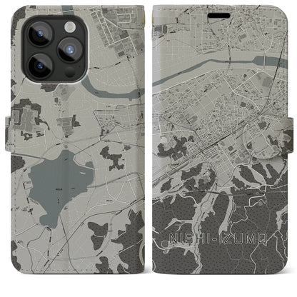 【西出雲（島根県）】地図柄iPhoneケース（手帳タイプ）モノトーン・iPhone 15 Pro Max 用