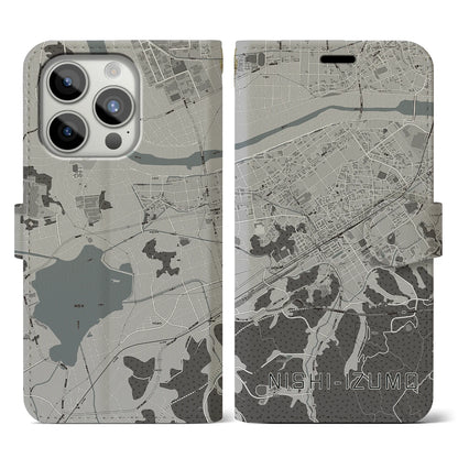 【西出雲（島根県）】地図柄iPhoneケース（手帳タイプ）モノトーン・iPhone 15 Pro 用