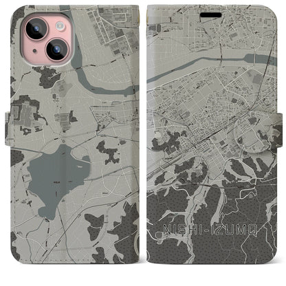 【西出雲（島根県）】地図柄iPhoneケース（手帳タイプ）モノトーン・iPhone 15 Plus 用