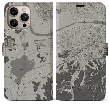 【西出雲（島根県）】地図柄iPhoneケース（手帳タイプ）モノトーン・iPhone 16 Plus 用